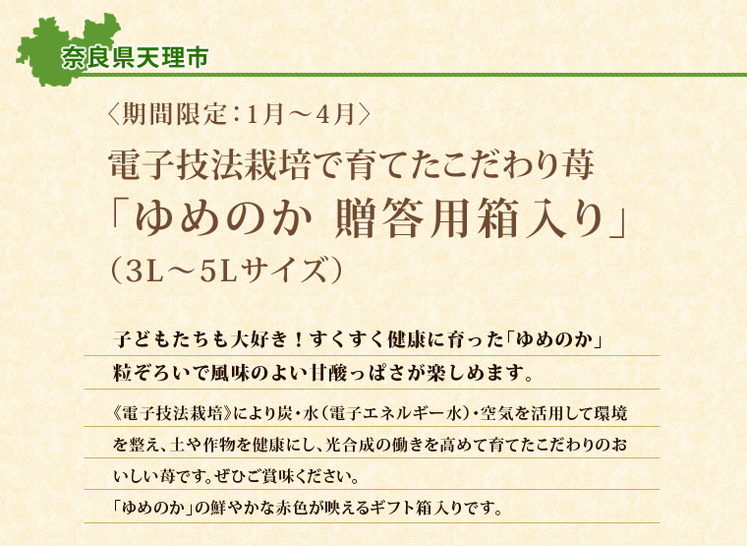 奈良県「電子技法栽培で育てたこだわり苺 ゆめのか 贈答用箱入り」