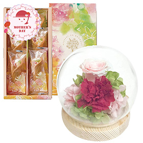 【母の日2026】スフィアドームアレンジメント 咲 さき ピンク＆花束のデザート6個入ギフトセット 1854-650【送料込み】【お届け不可地域：北海道・沖縄・離島】【お届け日時指定不可】