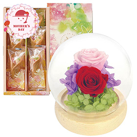 【母の日2026】スフィアドームアレンジ 希 のぞみ ピンク＆花束のデザート6個入ギフトセット 1854-662【送料込み】【二重包装不可】【お届け不可地域：北海道・沖縄・離島】【お届け日時指定不可】